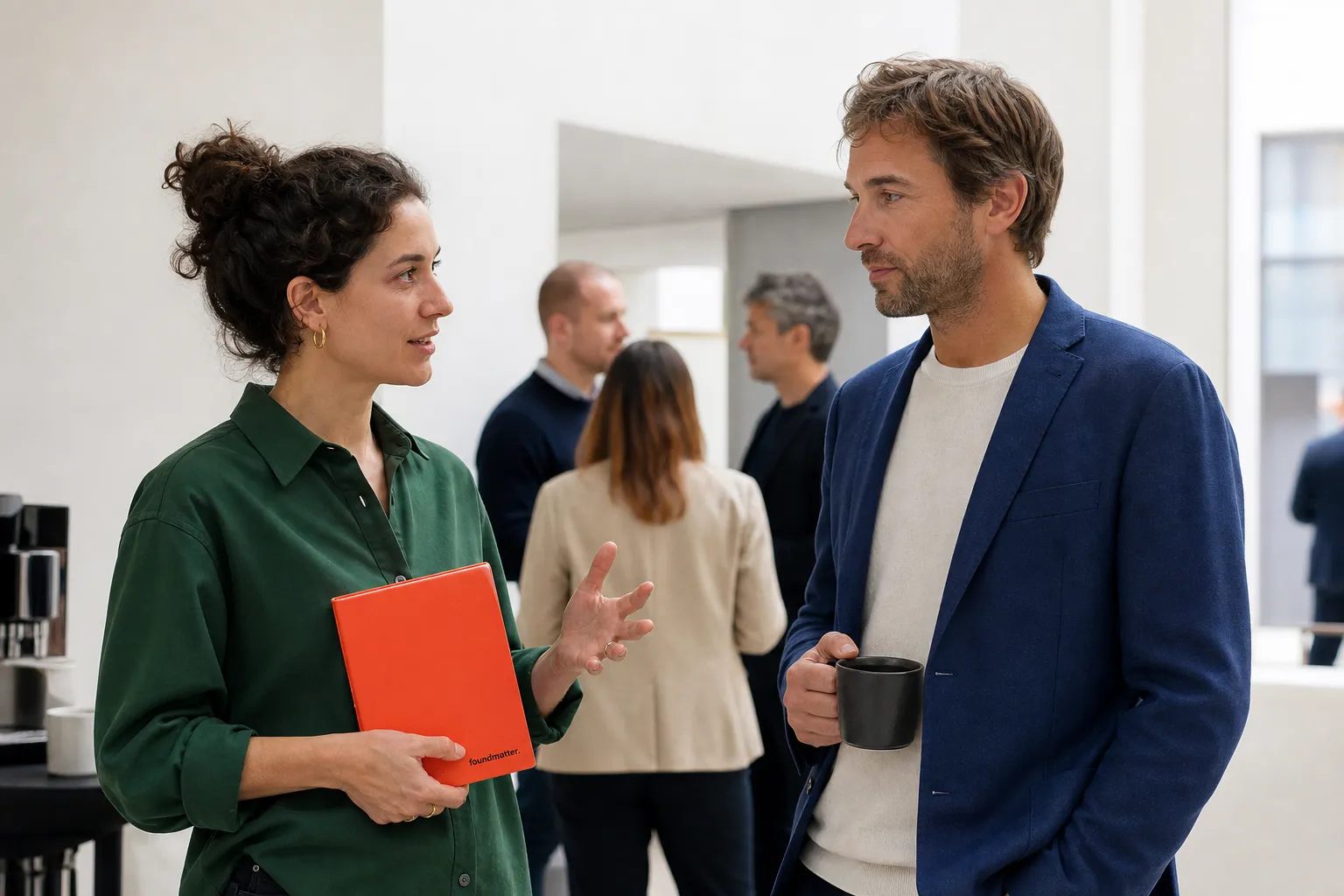AI-generated scene: A founder introduces her company in a short conversation.
