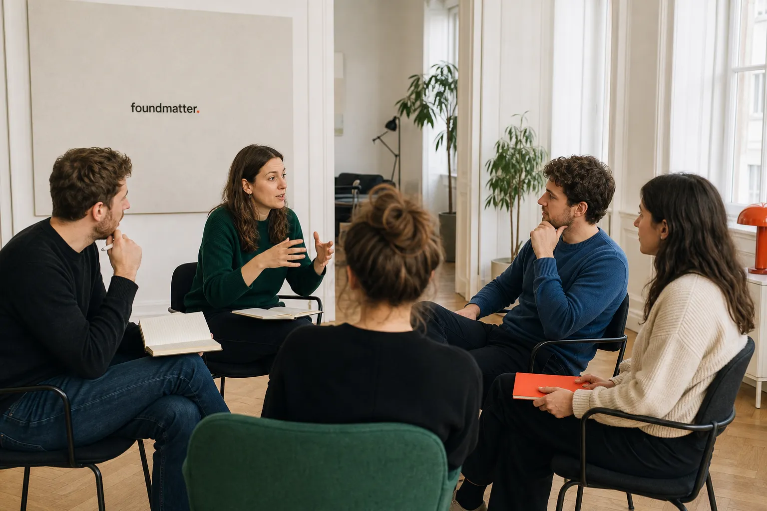 AI-generated scene: Founders exchange specific feedback in a small peer circle.