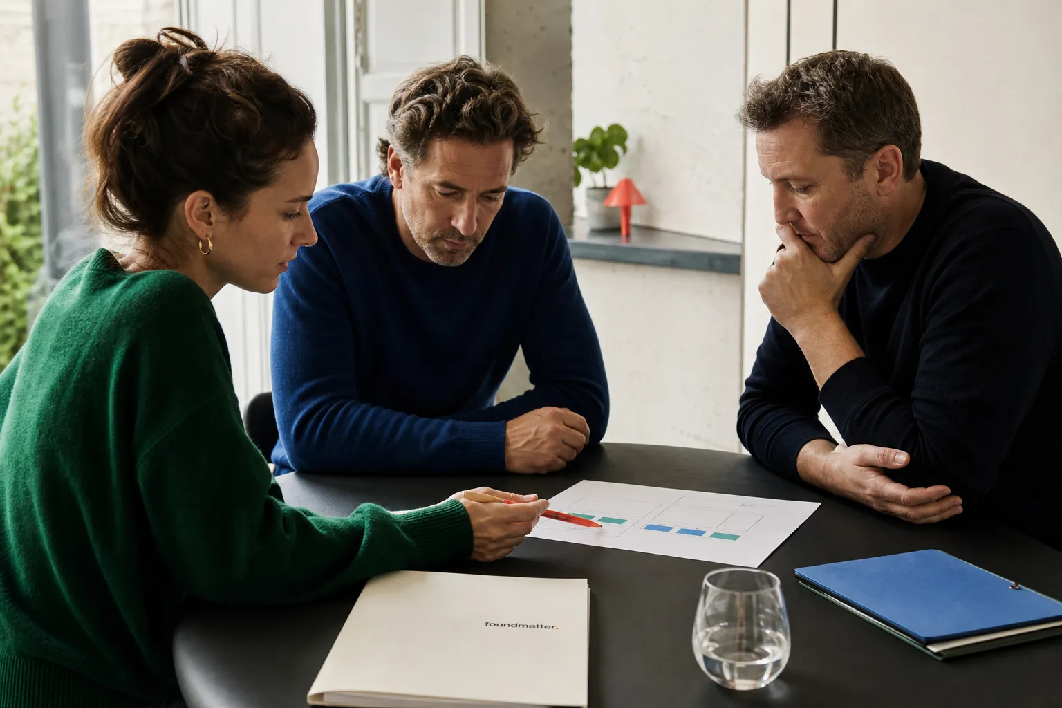 AI-generated scene: A founder and investors review a company together.