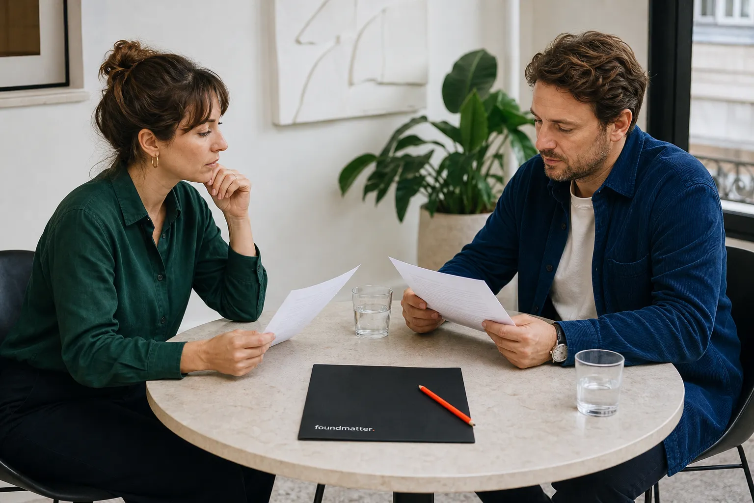 KI-generierte Szene: Gründerin und Investor besprechen offene Fragen und nächste Schritte.